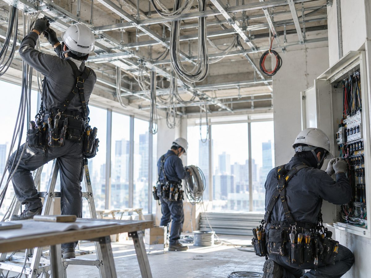 仲間と協力して電気工事を行うスタッフ